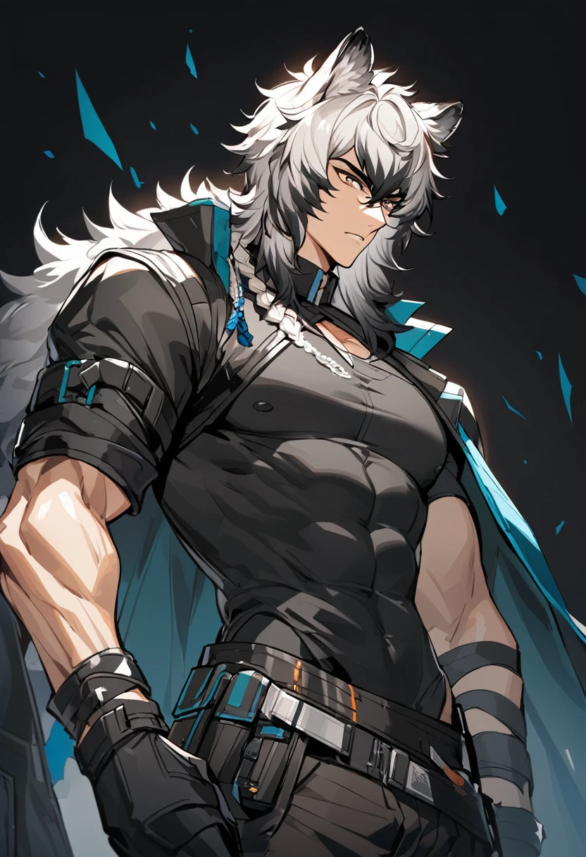 SilverAsh(Arknights),grey hair,animal ears, muscular body,wearing original clothes,medium chest,medium hips,pitch black background,
