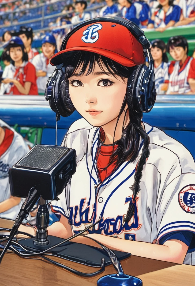 woman sitting at desk in front of microphone, instagram, shinhanga, baseball stadium during game, bright atmosphere, Tokyo Dome, covered!!, official media, Akira Toriyama, lightning!!