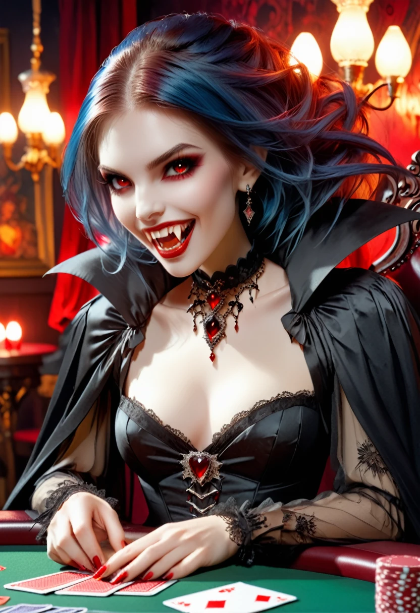 a portrait of a vampire playing poker game of cards, holding cards ((cards not shown:1.5)) the cards are dripping blood, an exquisite beautiful vampire, goth vampire, ((dynamic hair color: 1.5)), white pale skin, some blood veins are seen on the skin, red lips, red eyes, glowing eyes, wearing goth dress, silk dress, there are diamonds on the dress, earing a choker studded with a red diamond, ((vampire fangs:1.5)), she sits near a poker table in a dark fantasy room, there is a playing table, torch light,  vibrant, Ultra-high resolution, High Contrast, (masterpiece:1.5), highest quality, Best aesthetics), best details, best quality, highres, ultra wide angle, 16k, [ultra detailed], masterpiece, best quality, (extremely detailed: 1.5), vampire fangs, NRART