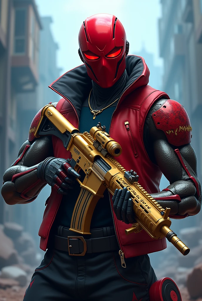 Ethan from the mobile game Blood Strike, Bright Red Helmet with Crimson Lights, P90 Submachine Gun Shiny Gold, red and black sleeveless jacket, robot arms, blue apocalyptic background, Posing