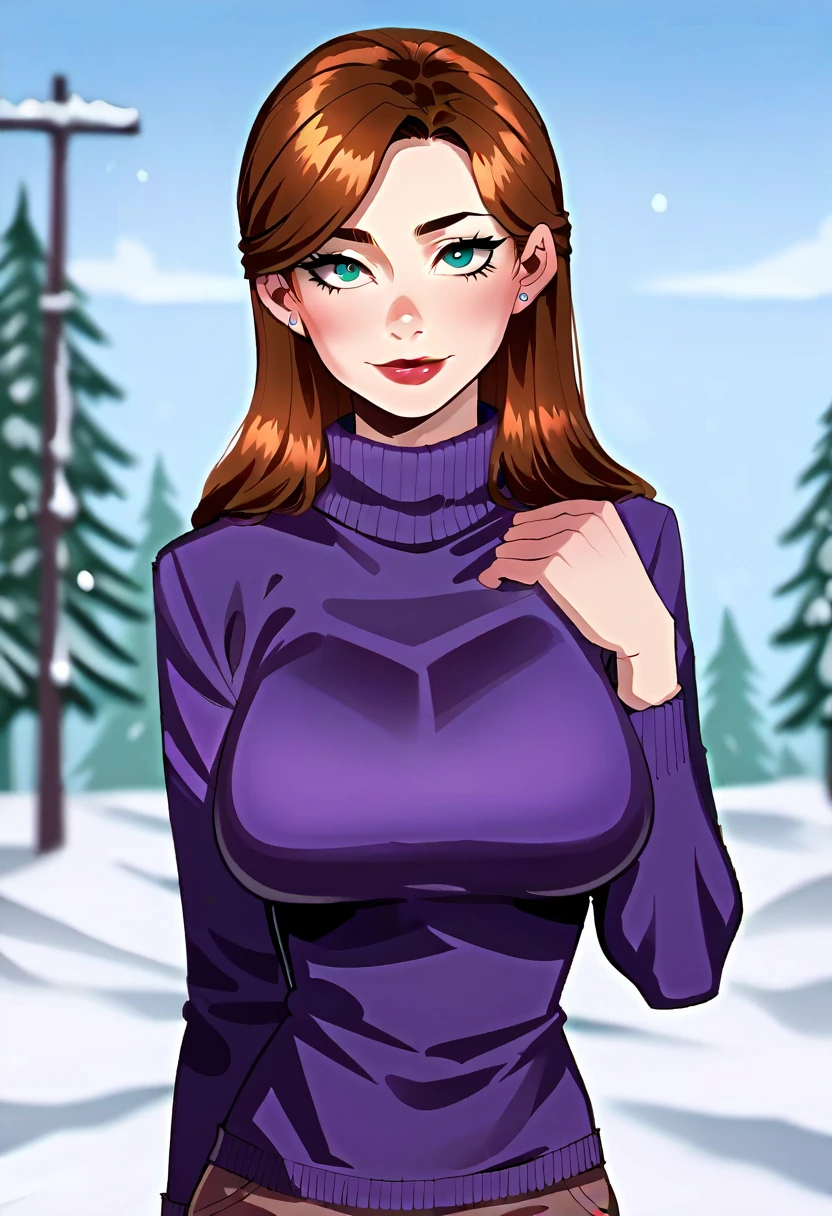 score_9, score_7_up 1girl, solo,Kitty Cartwright, , sweater, snow, depth of field, portrait, large breasts