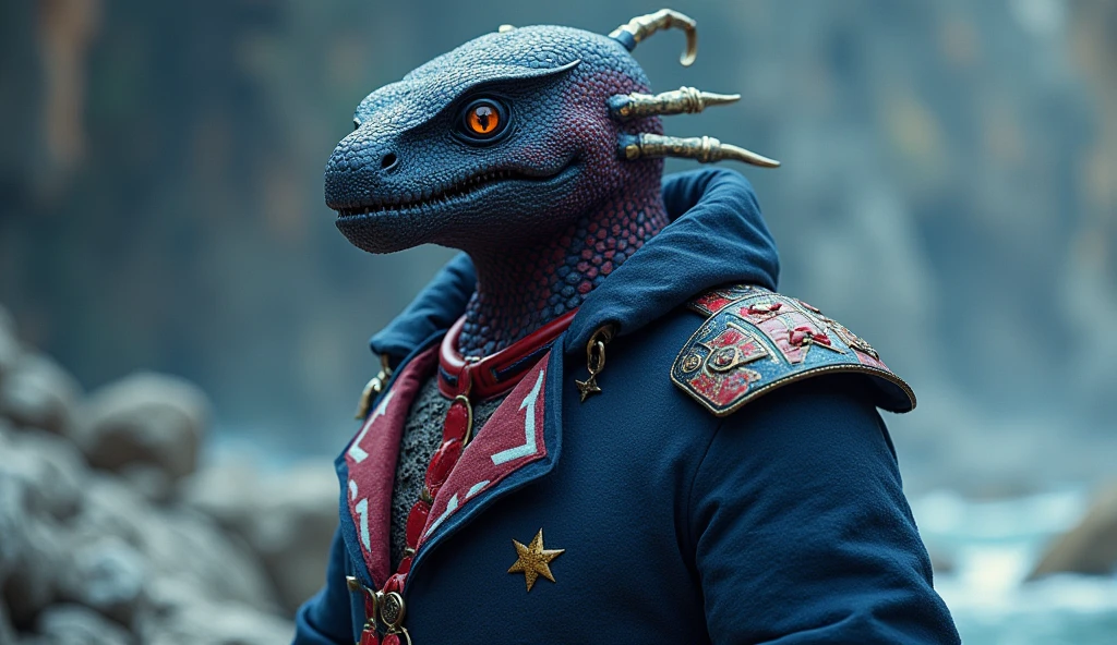 Australia as an oceanic League of Legend creature iin navy blue, red and white colors (inspired in Union Jack) and white South-cross constellation. Intricated clothing. Cinematic Fantasy sci-fi landscape background