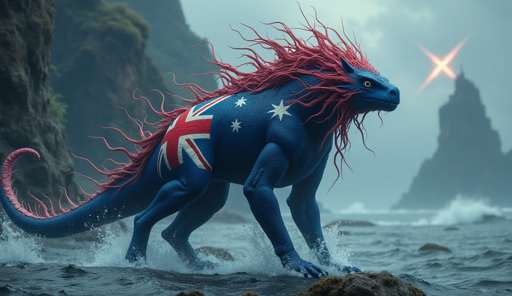 Australia as an oceanic League of Legend creature iin navy blue, red and white colors (inspired in Union Jack) and white South-cross constellation. Intricated clothing. Cinematic Fantasy sci-fi landscape background