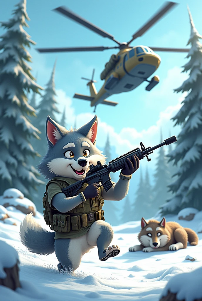 Cartoon wolf in the snow, another one sleeping behind him with rambo fighting a helicopter