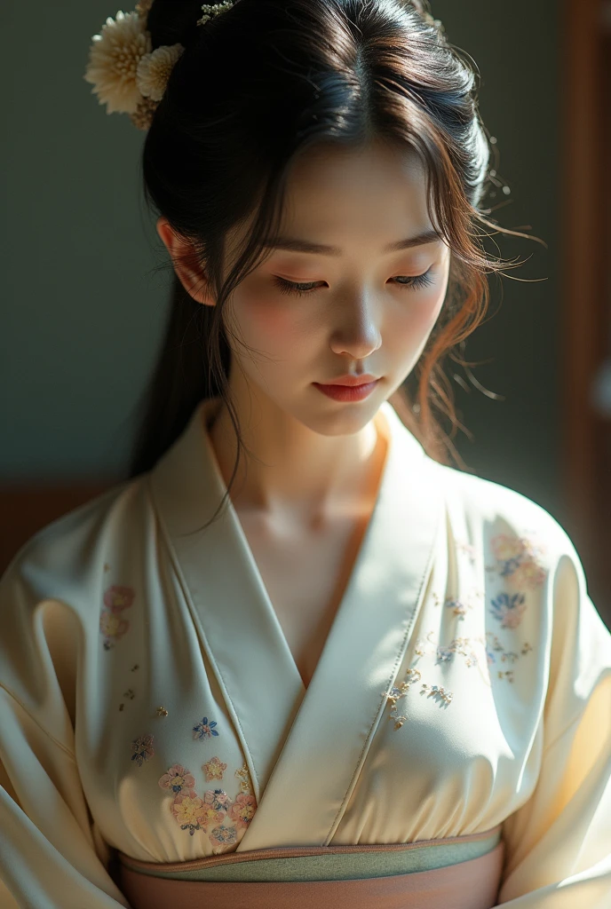 An elegantly dressed Japanese woman in natural light、A close-up of her chest and calm expression.、It shows her inner peace and outer charm.。