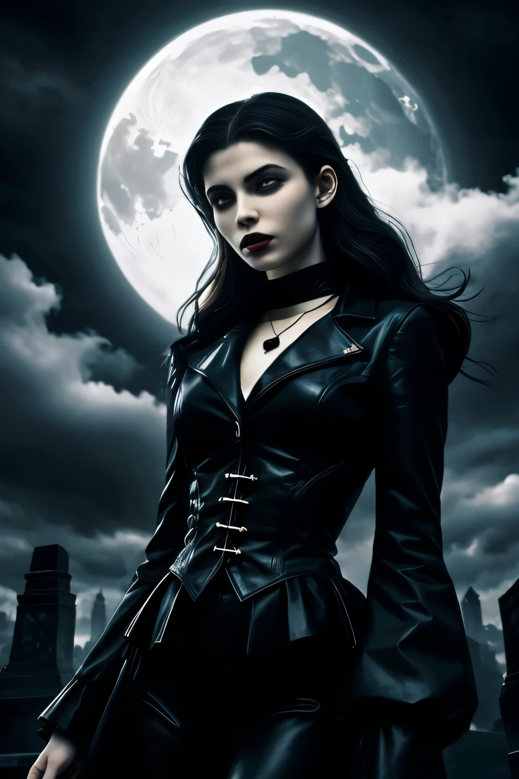Charlotte D&#39;Alessio, portrait, alone, upper body, looking at viewer, detailed background, detailed face, (Yin and yang, Yin and yangtech theme:1.1) vampire, vampire의, pale skin, vampire fangs, [dark:Rosie Brown:5] clothes, High collar, necklace, depressed, dark expression, haunting, Supernatural abilities, With a graveyard in the background, Red Moon, dark clouds, difference, Fog, spooky atmosphere,