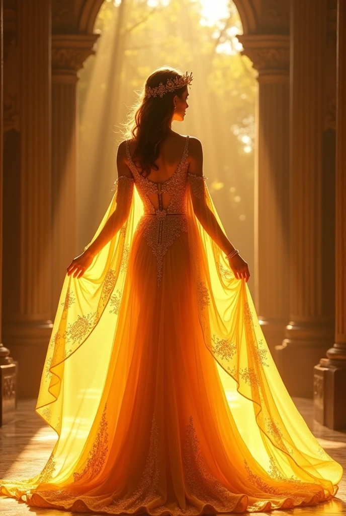 a flowing gown in radiant gold or deep amber, symbolizing the sun’s warmth. The fabric could be shimmering silk or chiffon, with delicate embroidery that mimics sunlight. Accessories might include a golden tiara or a sun-shaped pendant, and perhaps a flowing, sheer cape that catches the light beautifully.