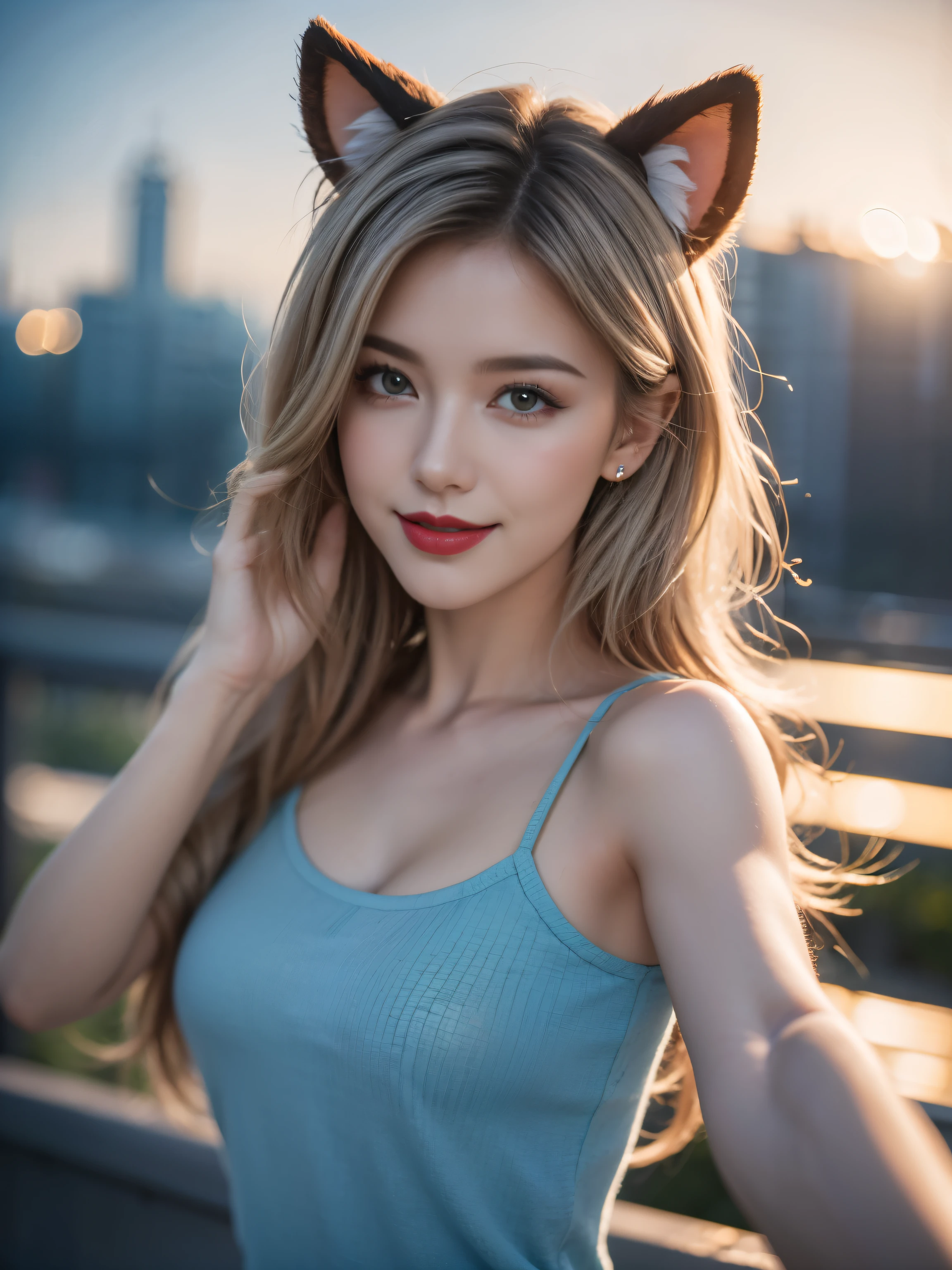 hair, hair bobbles, victory, Long eyelashes, Solid round eye, Fake animal ears, A faint smile, ears red, direction, Surrealism, shadow, Relief, Stereogram, Standing picture, Throw, Atmospheric perspective, 8k, Super Detail, precise, best quality,xx remix girl,1 girl, Fisheye, Selfie, wind, Messy hair, Sunset, city View, (Aesthetics and atmosphere:1.2), White hair,Smile,Movie Girl