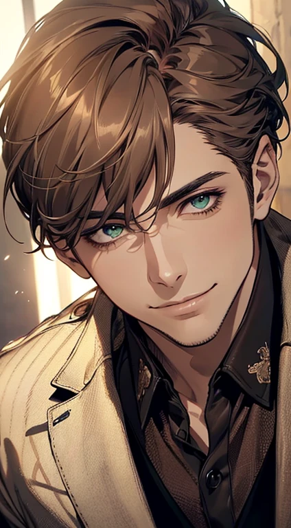 ((a mature man, very handsome, smile in love, short grey brown hair, green eyes, perfect face without errors)), ((buttoning the jacket, CEO)), (best quality, masterpiece, 8K, photorealistic, cinematic lighting, hdr image, ultra detailed, beautiful image), (portrait, detailed facial features, intricate textures, realistic skin tones, highly detailed, ultra-realistic), (warm lighting, soft shadows, dramatic lighting), (muted color palette, rich tones), (professional photography, high resolution, studio lighting)