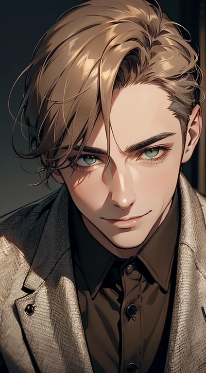 ((a mature man, very handsome, smile in love, short grey brown hair, green eyes, perfect face without errors)), ((buttoning the jacket, CEO)), (best quality, masterpiece, 8K, photorealistic, cinematic lighting, hdr image, ultra detailed, beautiful image), (portrait, detailed facial features, intricate textures, realistic skin tones, highly detailed, ultra-realistic), (warm lighting, soft shadows, dramatic lighting), (muted color palette, rich tones), (professional photography, high resolution, studio lighting)