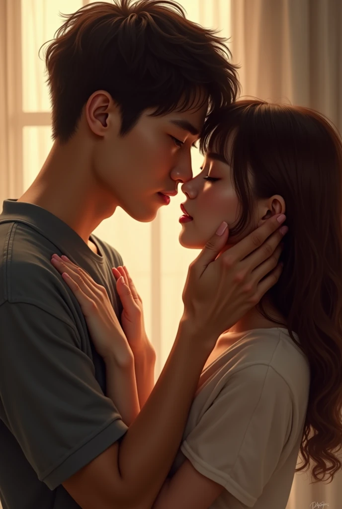 I want a cover for my book where a young Asian man is holding the face of a young woman with brown hair and is kissing her.
