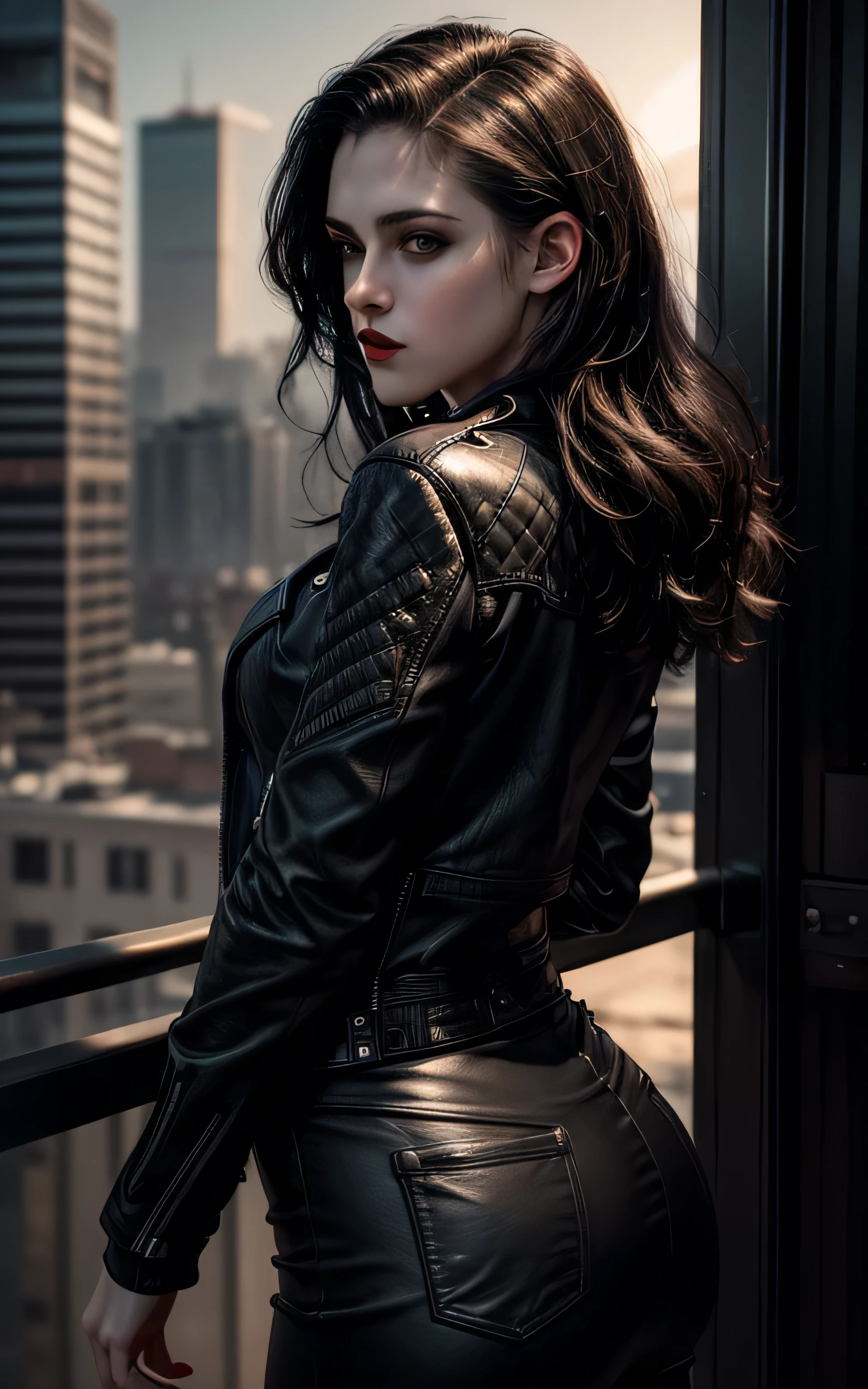 photo of Kristen Stewart from behind, ass:1.5, bottom view, low angle shot , RAW, beautiful woman, ((Gothic portrait)), ((detailed face:1.2)), ((detailed facial feature, blood red lips, small breasts with cleavage, detailed skin, clear skin), (perfect proportioned body), (wearing a black open leather jacket) (high detailed city environment, apartment balcony), (realistic photo, best quality, detailed), (8k wallpaper), (cinematic lighting, dramatic lighting) (sharp focus, intricate), nipples, visible breasts