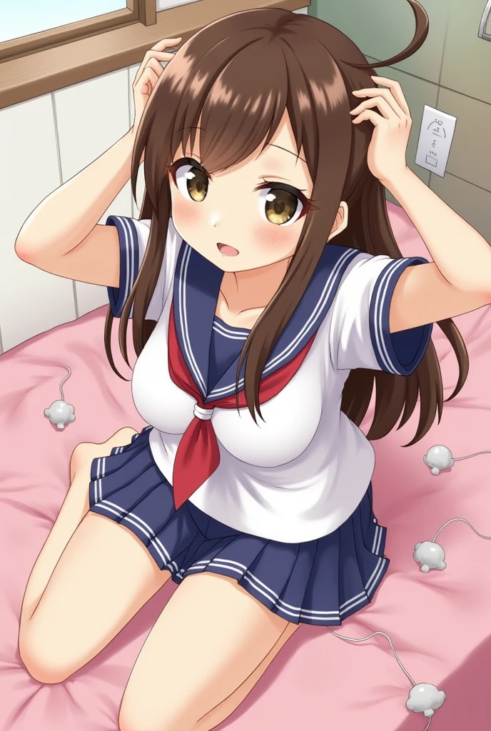 girl、Brown Hair、long hair、Sailor suit、Constraints、Erotic、Electric massager、Naughty、Ahegao、Pussy