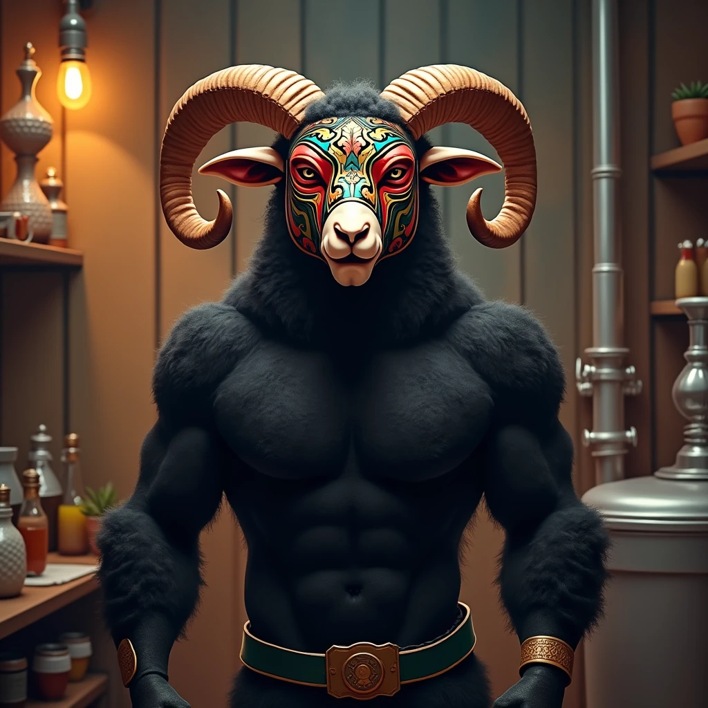 A black sheep with a human shape and an athletic body wearing a Mexican wrestler mask brewing craft beer 