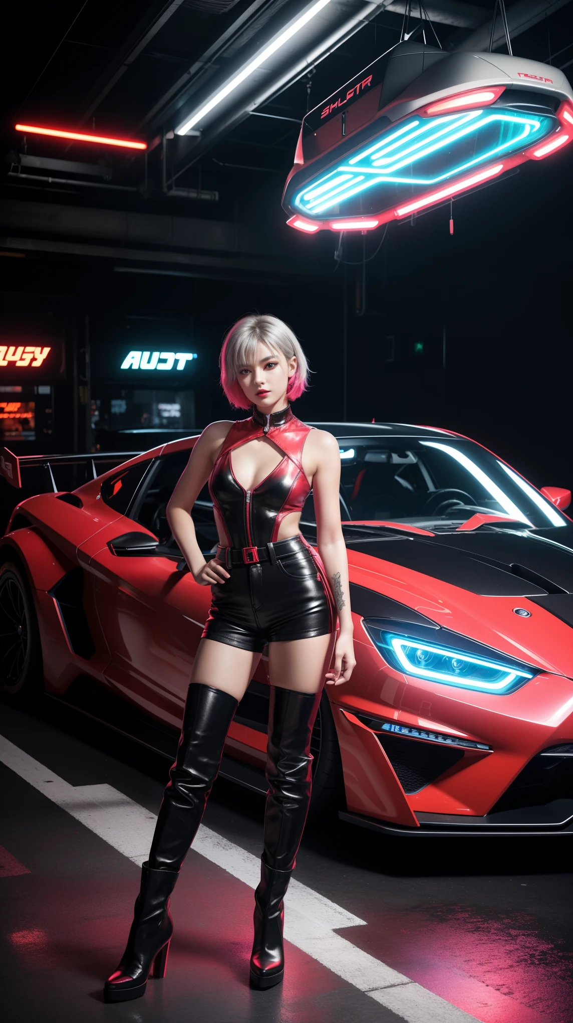 A girl posing in front of a neon-lit sports car. They are wearing bright, colorful outfits with a futuristic, cyberpunk aesthetic. The overall mood is playful and energetic. Silver boots, light brown short hair, jean Paul Gaultier, clut studio, the themed color is black and red maroon