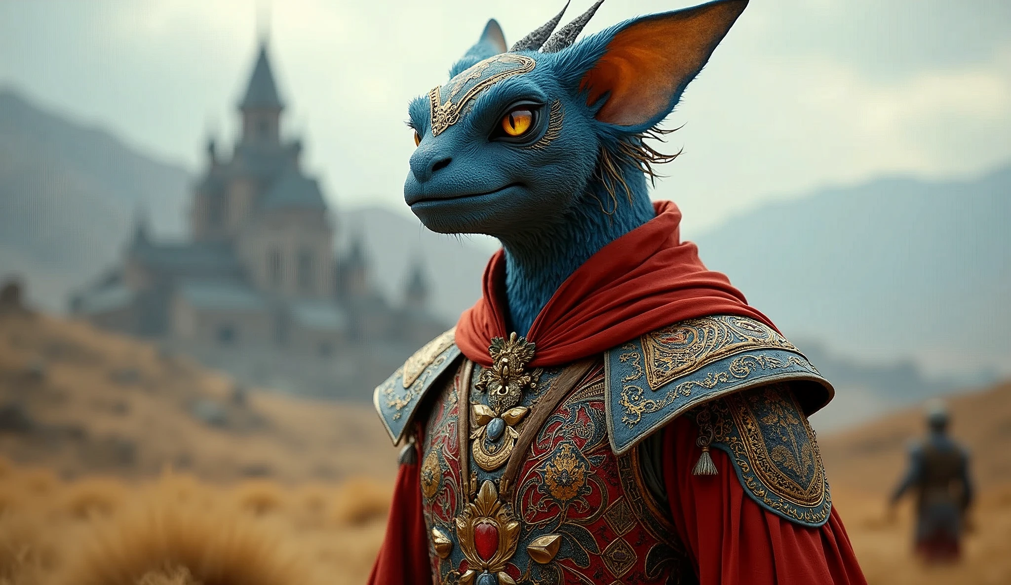 Armenia as a  League of Legend creature iin carmine red, blue and gold yellow colors. Intricated clothing. Cinematic Fantasy sci-fi landscape background