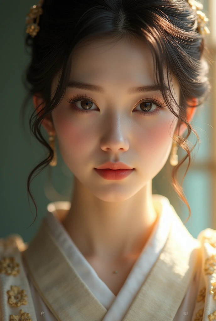 An elegantly dressed Japanese woman in natural light、A close-up of her chest and calm expression.、It shows her inner peace and outer charm.。