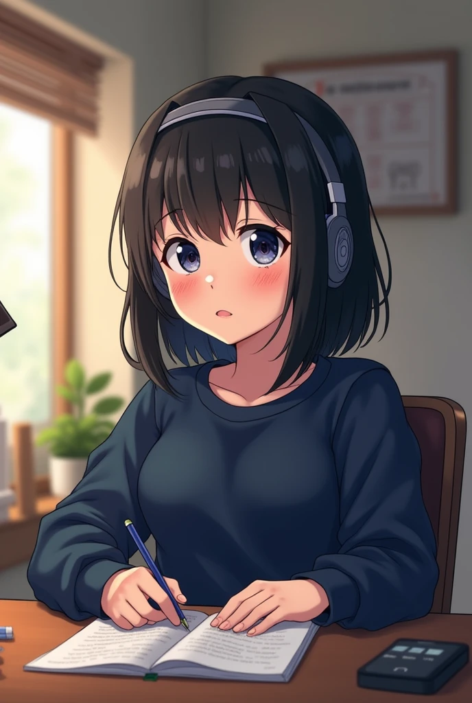 Can you imagine an ANIME style girl with shoulder-length black hair, a little chubby, wearing navy blue sweatshirts sitting at her desk listening to music?