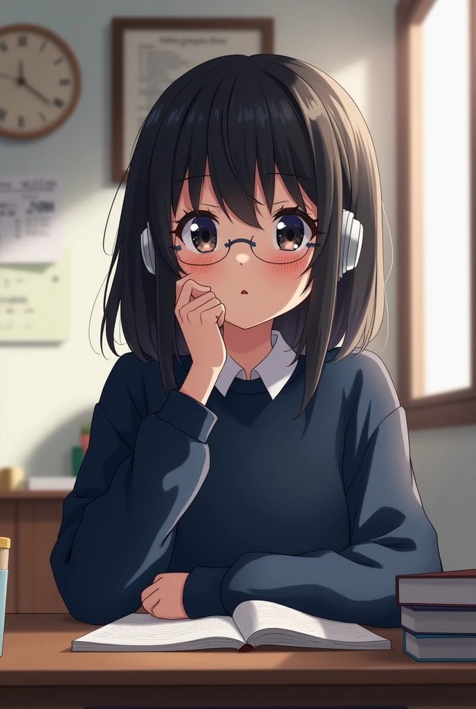 Can you imagine an ANIME style girl with shoulder-length black hair, a little chubby, wearing navy blue sweatshirts sitting at her desk listening to music?
