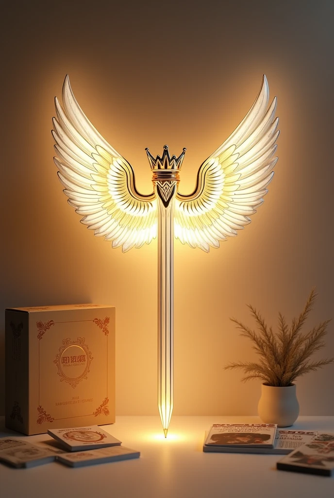 A nice lightstick With an elongated shape a crown at the top with white and gold seraphim wings with its box next to it and a pack of photocards with background