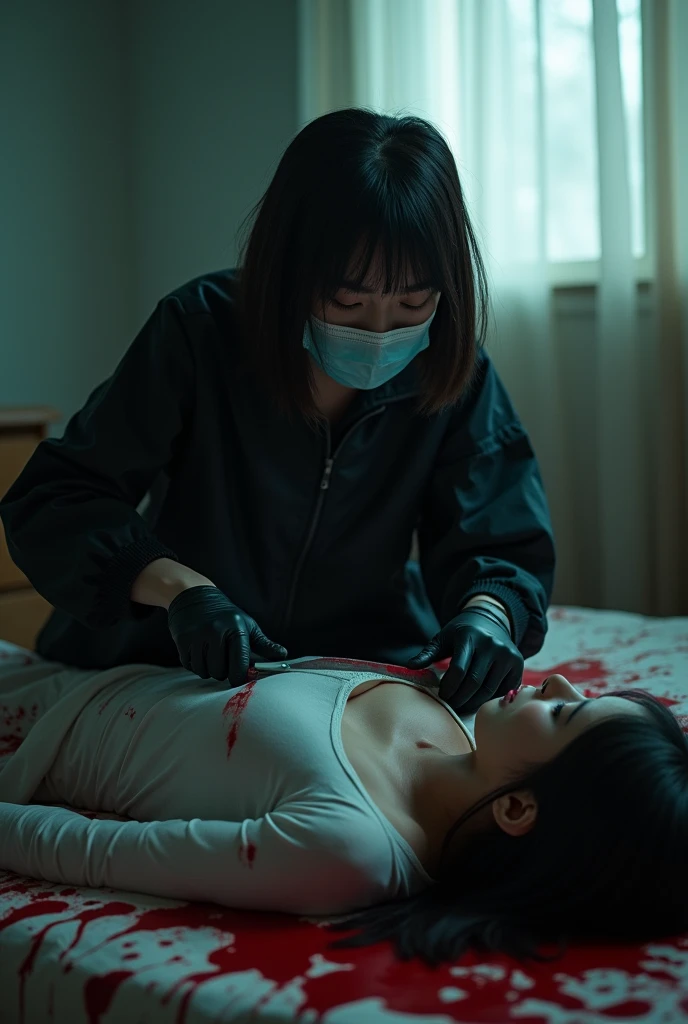 korean girl, (behind corpse, holding knife), surgical mask, black gloves, room full of blood, black raincoat, trucker hat, holding knife, black gloves, woman on top, behind corpse, blood splatter, on the bed, mass murderer, killer, short hair, blood splatter, dark atmosphere, cinematic lighting, atmospheric realistic, light from the window, close-up,
