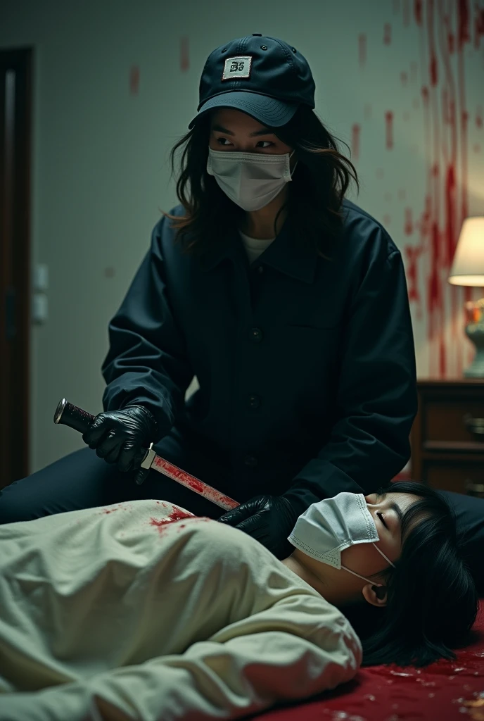 korean girl, (behind ??????, holding knife), surgical mask, black gloves, room ?????????????, black raincoat, trucker hat, holding knife, black gloves, woman on top, behind ??????, blood splatter, on the bed, mass murderer, killer, short hair, blood splatter, dark atmosphere, cinematic lighting, atmospheric realistic, light from the window, close-up,
