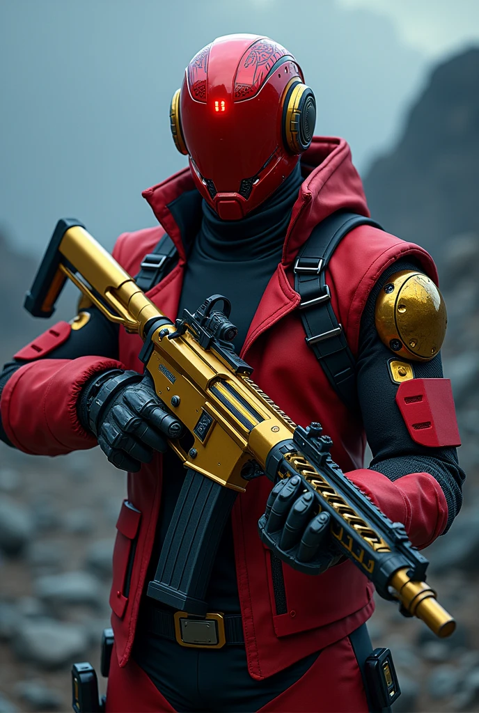 Ethan from the mobile game Blood Strike, Bright Red Visorless Helmet with Crimson Lights, P90 Submachine Gun Shiny Gold, red and black sleeveless jacket, robot arms, abandoned valley background blue, Posing