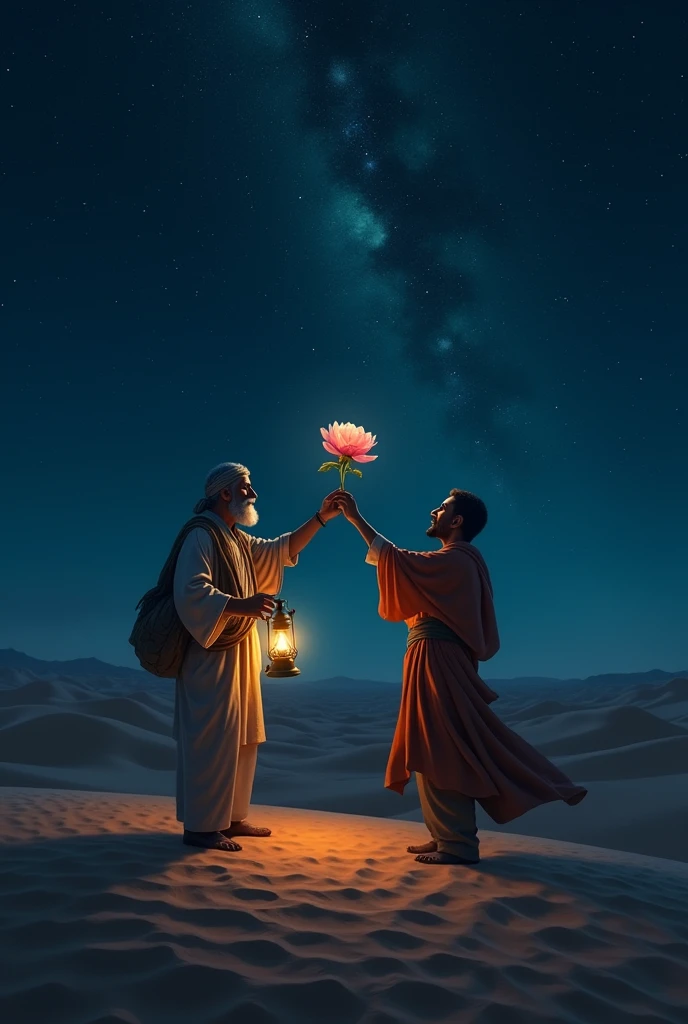 The caravan is traveling in the desert at night
There's a man holding lantern the other man then grabs the bunch of flowers to the night sky and the flower opens when the light of stars comes towards it make the flowers small iwant man holding it