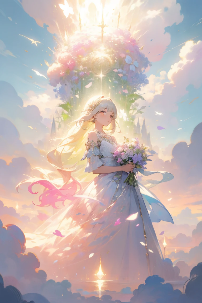 A girl wearing a dress made of transparent flowers, the dress is long and flowing, her hand is holding a bouquet of colorful confetti, she is standing on a green meadow, with a gentle breeze, gentle sunlight. , light dust, pastel colors, concept art fantasy, 8k, wind, clouds, fantasy, dream, beautiful color combination, perfect layout, meticulous, 8k, clear details, vibrant