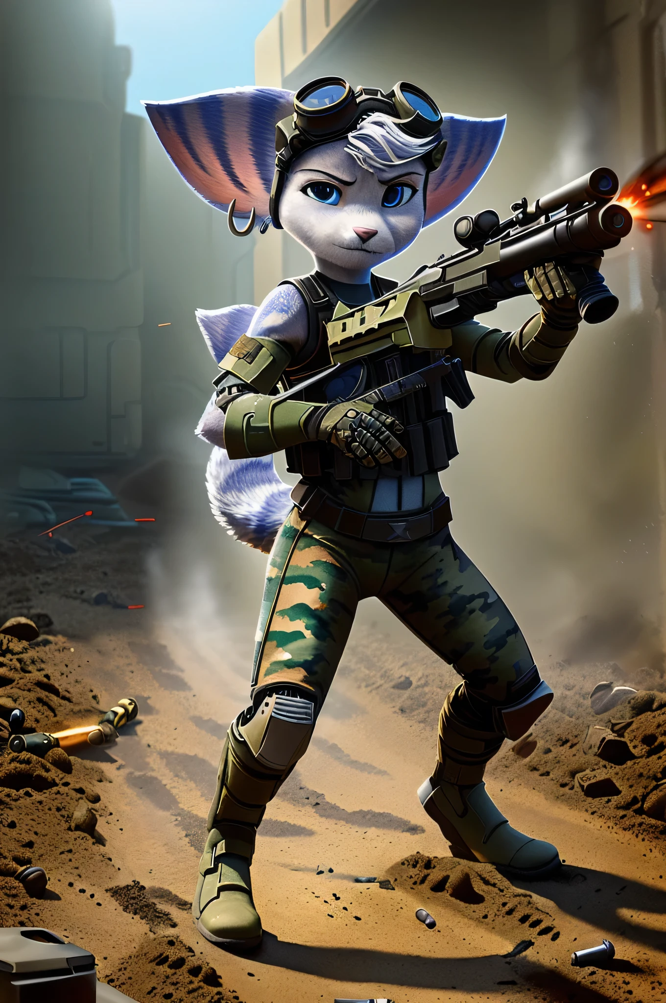 Rivet, (((lombax))), ((lombax ears)), female, small, (petite), (((tail))), ((furry)), 1girl, young, solo, (yellow cybernetic protease on the right shoulder), ((tight fitting military camouflage soldier gear and outfit)), ((wielding assault rifle)), ((gear belt with pistol and granates)), ((bulletproof soldier vest)), detailed body fur, detailed body, detailed eyes, detailed face, athletic, skinny, high quality, masterpiece, small breasts, (goggles), :D, looking at you, full body, ((good lighting on crotch)), hit, (hurt), (fresh wounded), ((unconsealed bullet wound on tigh)), ((blood)), (war torn background), ((aiming gun)), (firing gun), ((firing stance)), bruces, ((dirt on fur)), ((dirt on clothes))