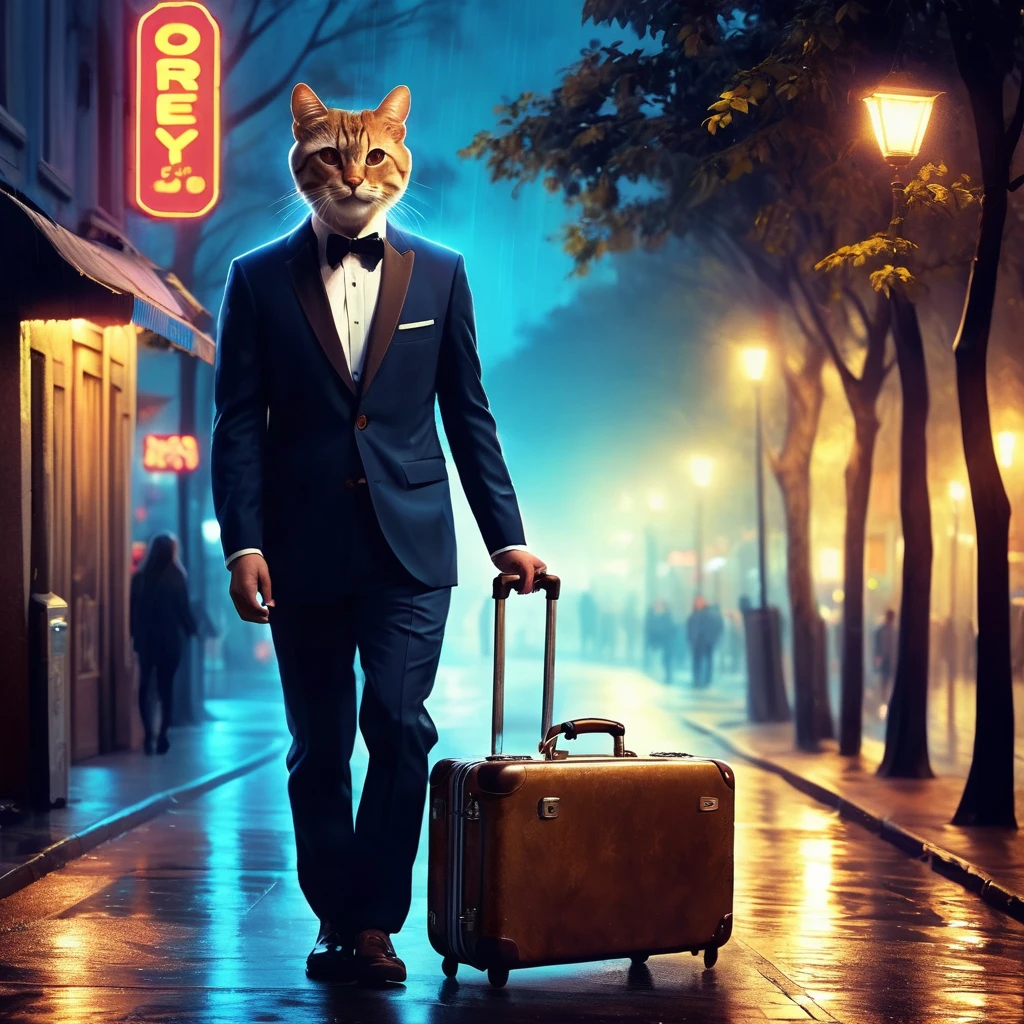 “Creates an image of an anthropomorphic feline character, resembling a cat, watery eyes, rosy cheeks, soaked eyelashes, emotional expression, intense sadness, tears, realistic textures, very refined details, holding his suitcase full of things, walking alone down the street , trees with low light. Around him, the cat has a neon light effect.