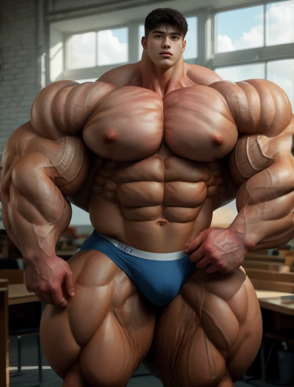 1boy, giant, asian, solo, giant bodybuilder, illuminating light, strong body, bulk, large size, standing in gymnasium by the windows, indoor, nude, blue triangular underwear with enormous bulge, extraordinary big, brutalmass, giant muscular body, bulk, buff, massive body, large meaty body size, extremely wide body