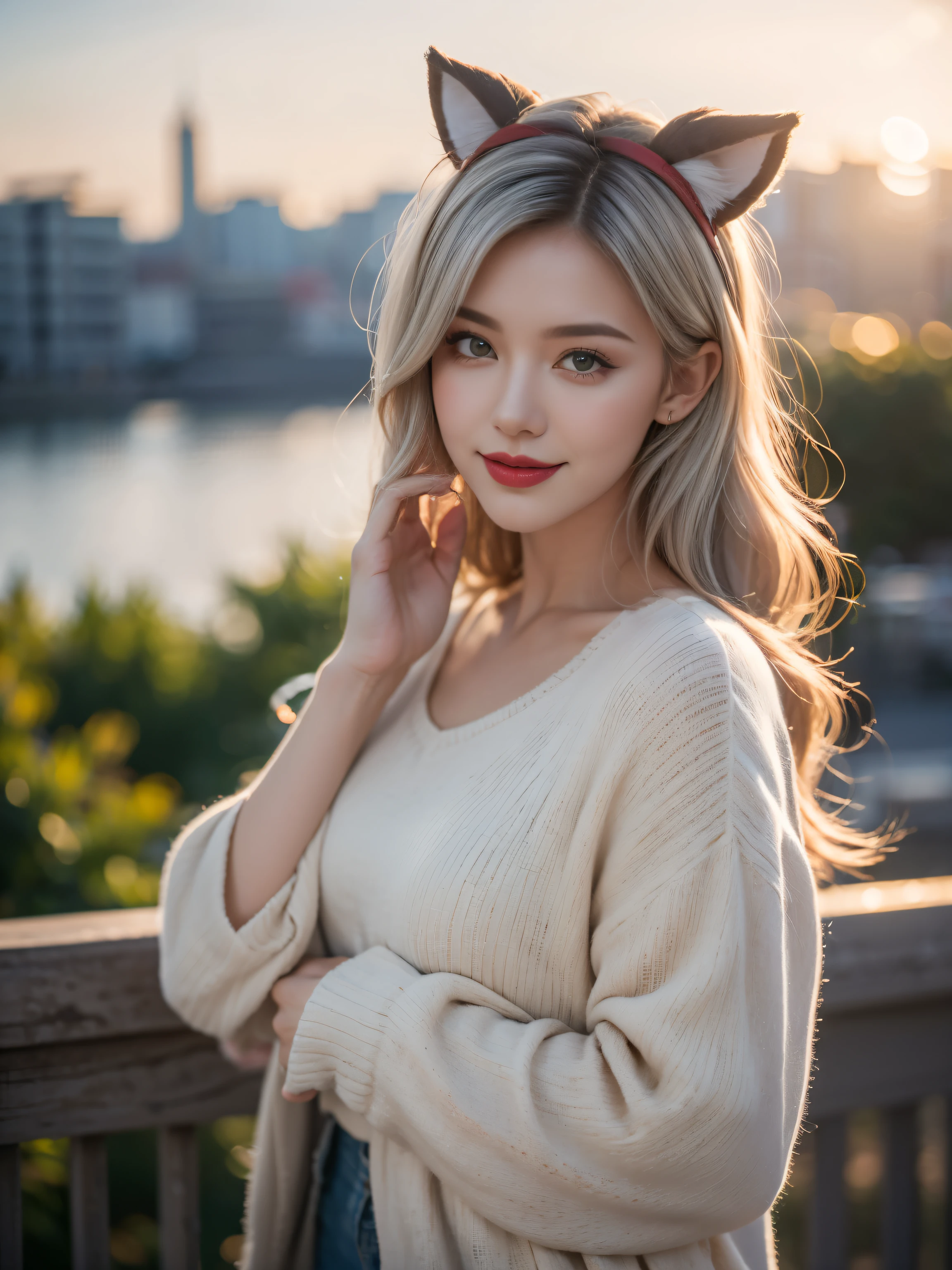 hair, hair bobbles, victory, Long eyelashes, Solid round eye, Fake animal ears, A faint smile, ears red, direction, Surrealism, shadow, Relief, Stereogram, Standing picture, Throw, Atmospheric perspective, 8k, Super Detail, precise, best quality,xx remix girl,1 girl, Fisheye, Selfie, wind, Messy hair, Sunset, city View, (Aesthetics and atmosphere:1.2), White hair,Smile,Movie Girl