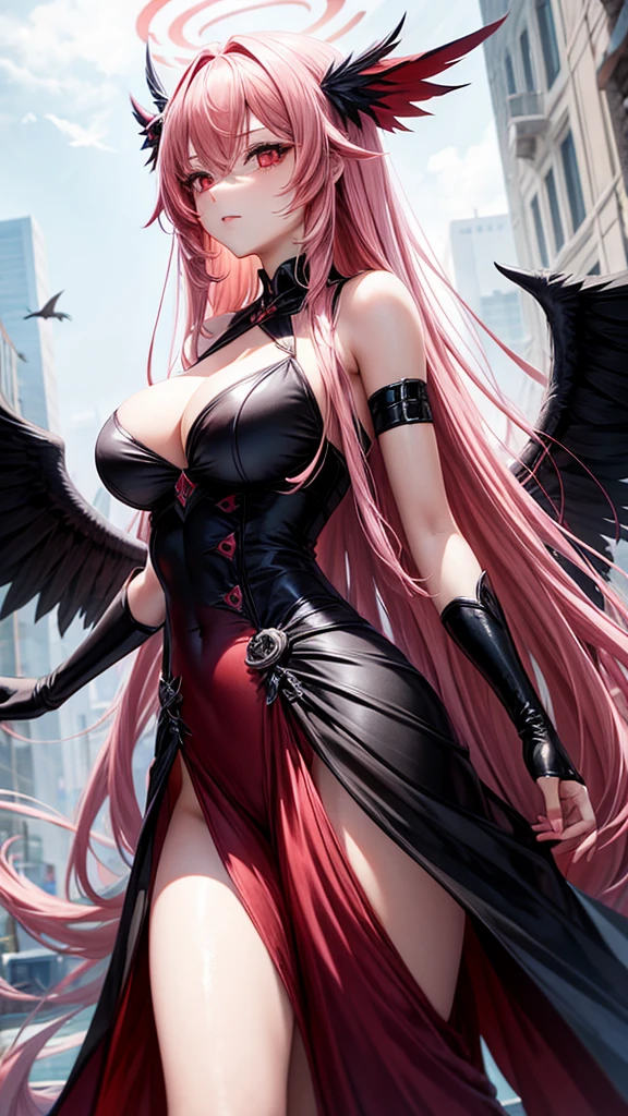 Long pink hair, red eyes, angle, black wings, sexy dress, large breasts, adult looking