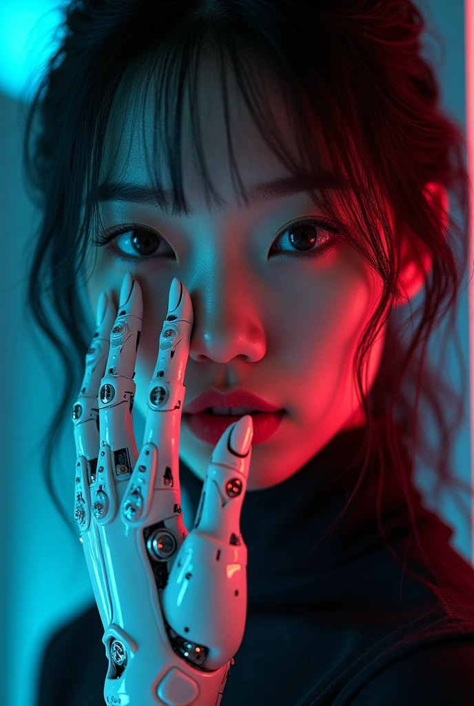 asian woman with futuristic prosthetic hand,facing camera,detailed face,beautiful eyes,beautiful lips,detailed skin,intricate hand,mechanical details,glass hand,cyberpunk,high tech,neon lights,dark background,dramatic lighting,cinematic,photorealistic,8k,highres,masterpiece