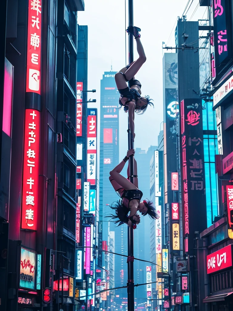 A beautiful Japanese pole dancer in cyberpunk style、Dancing while hanging from a pole。