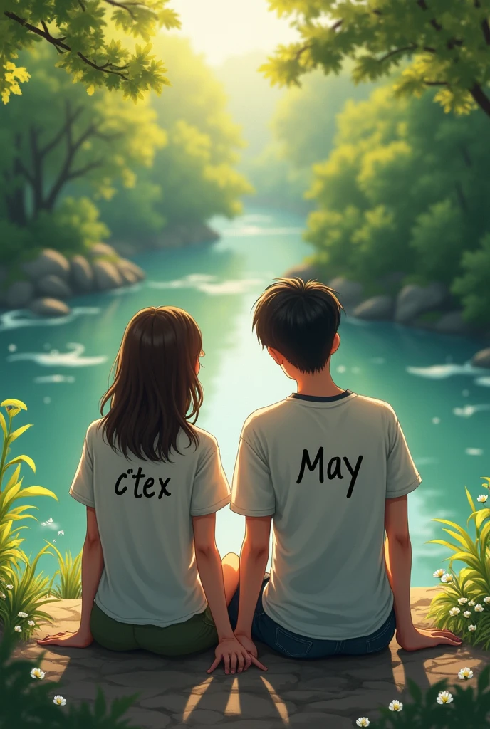 A boy with his girlfriend sit beside a river and listening to music and his t-shirt was printed out as cøtéx and his girlfriend shirt was printed out as May