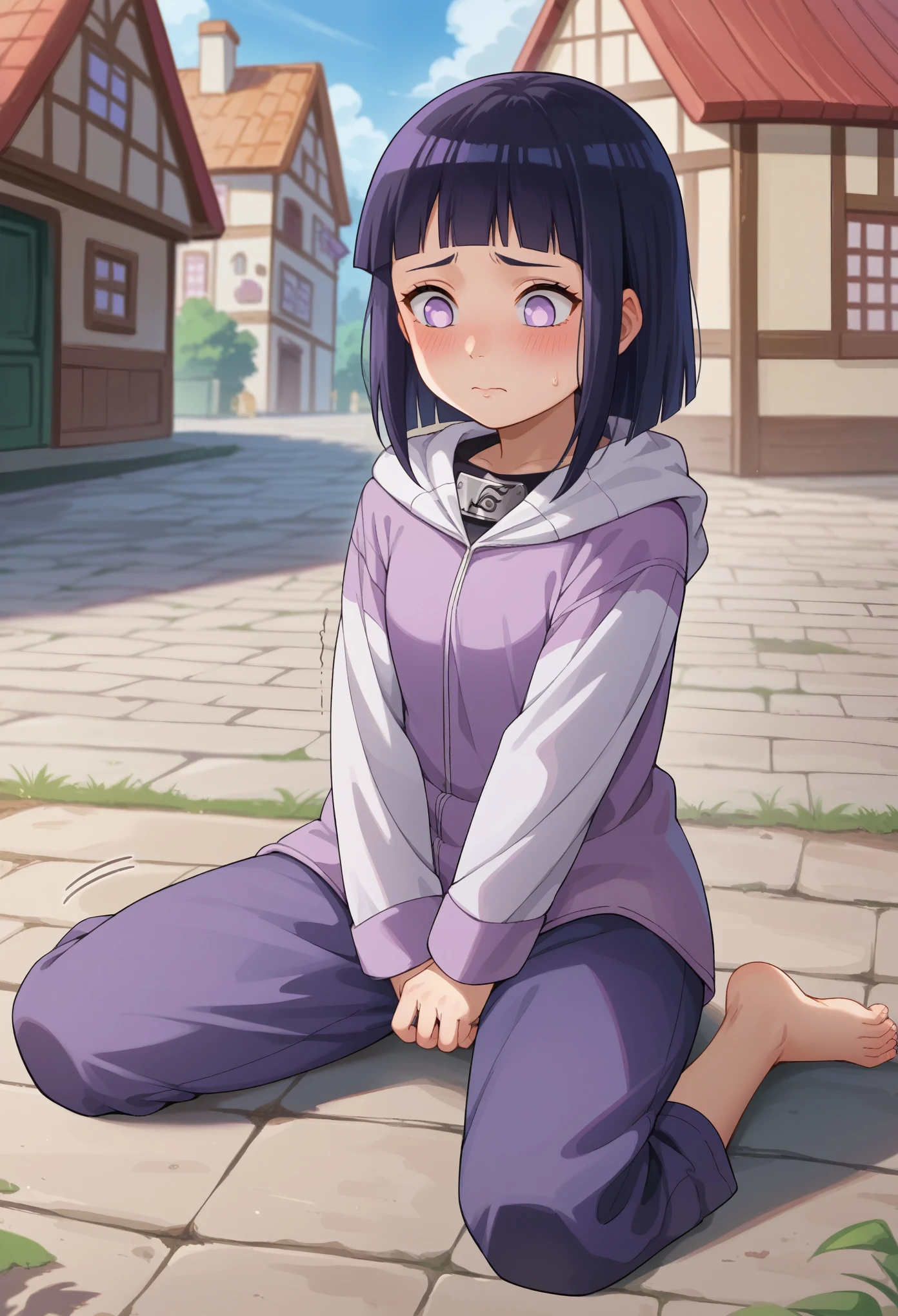 score_9, score_8_up, score_7_up, 1girl solo, (loli:1.5), kid, , kid body, flat chest, oversized clothes, hinataSDXL, medium hair, black hair, purple eyes, skinny, white eyes, pants, purple jacket, hood, long sleeves, jacket covering crotch, forehead protector, konohagakure symbol, hyuuga hinata, shaking, blushing, sitting on ground, barefoot, nervous, hands covered by own sleeves, looking down, tradicional village