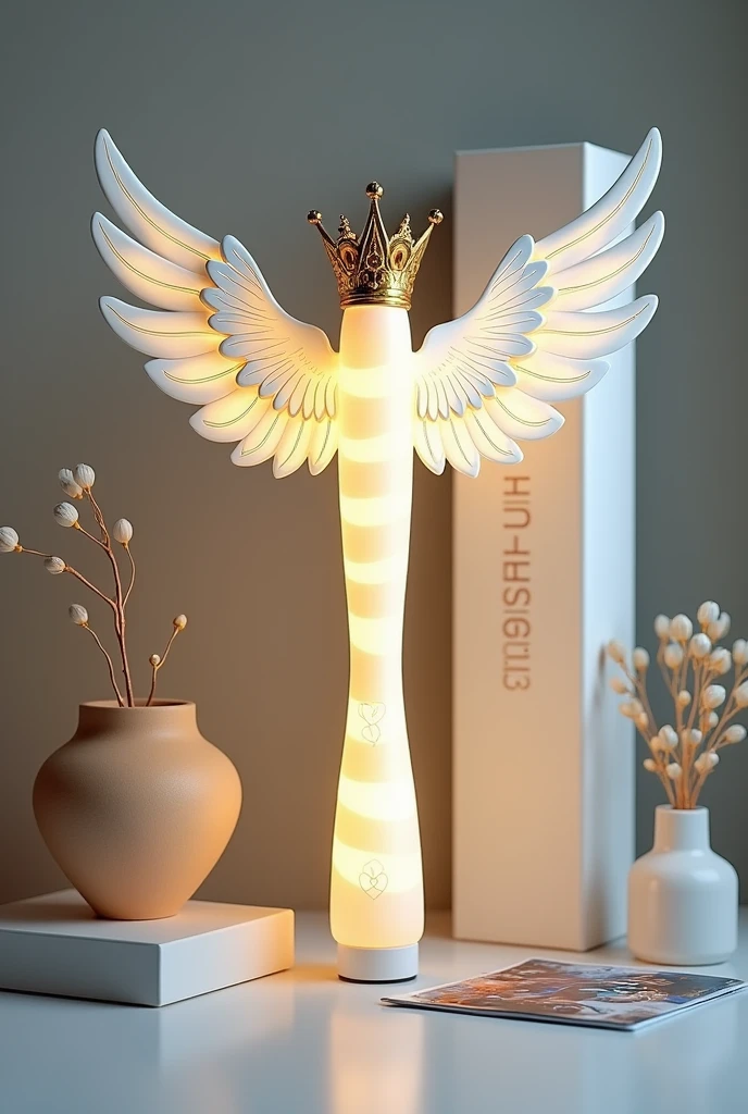 A nice lightstick kpop With an elongated shape a crown at the top with white and gold seraphim wings with its box next to it and a pack of photocards with background