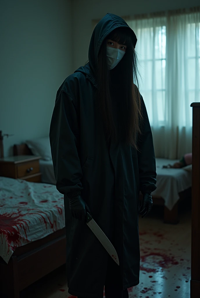 korean girl, (behind corpse, surgical mask), holding knife, stabbing, black gloves, room full of blood, black raincoat, plump, hood up, holding knife, black gloves, behind corpse, blood splatter, bondage, long bangs, bed room, looking at viewer, black wet suit, night, mass murderer, killer, robbery, dark atmosphere, cinematic lighting, atmospheric realistic, light from the window close-up,
