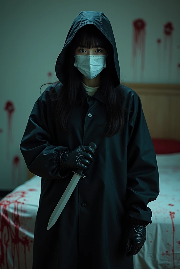 korean girl, (behind corpse, surgical mask), holding knife, stabbing, black gloves, room full of blood, black raincoat, plump, hood up, holding knife, black gloves, behind corpse, blood splatter, bondage, long bangs, bed room, looking at viewer, black wet suit, night, mass murderer, killer, robbery, dark atmosphere, cinematic lighting, atmospheric realistic, light from the window close-up,