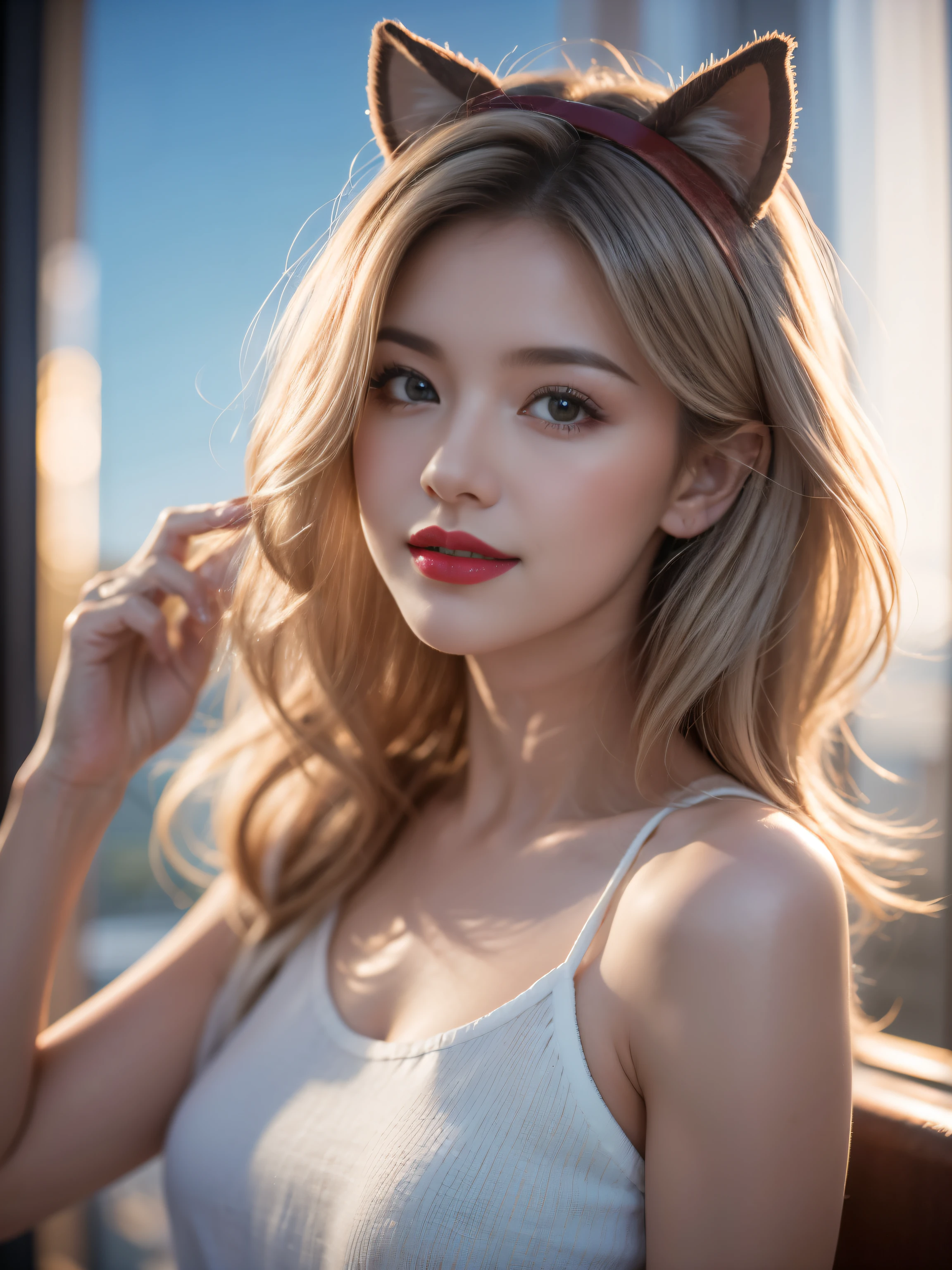 hair, hair bobbles, victory, Long eyelashes, Solid round eye, Fake animal ears, A faint smile, ears red, direction, Surrealism, shadow, Relief, Stereogram, Standing picture, Throw, Atmospheric perspective, 8k, Super Detail, precise, best quality,xx remix girl,1 girl, Fisheye, Selfie, wind, Messy hair, Sunset, city View, (Aesthetics and atmosphere:1.2), White hair,Smile,Movie Girl