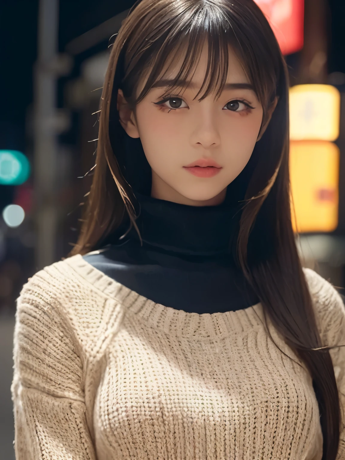 Product Quality, 1 girl, (cowboy shot), front view, Young and cute girl from Japan, At night, Wearing a black turtleneck knit sweater, Wearing a miniskirt, very cute face, shiny lips, Double eyelids on both eyes, (natural makeup), Shiny, soft, light brown hair with long hair,, asymmetrical bangs, center image, 8K resolution, high detail, detailed hairstyle, detailed face, Cinema Lighting, octane rendering, surreal, perfect limbs, complete anatomy,