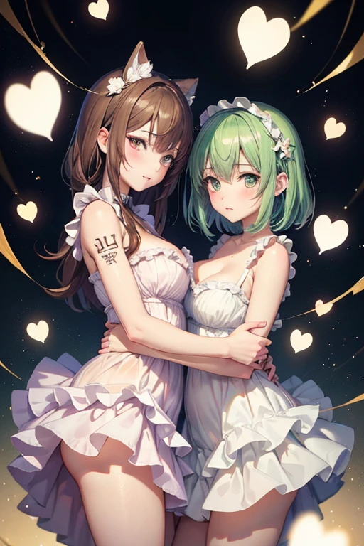 manga anime style, (ultra detailed, absolutely resolution, best quality:1.3), cute twin 18 year old girls, green medium hair, amorous and lewd face, big brown eyes, superlative body proportion, wearing white loose frilly dresses, covered in tattoos, they are close to each other, background pastel colored dots and hearts, shading effects, gradation magic effects, foggy filter effects, glitter effects, 2.5D, delicate and dynamic, artistic photography, hyper realistic, graphic CG 