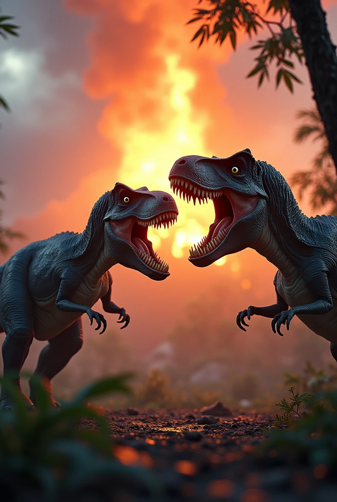 jurassic world, volcano and cretaceous landscape, t-rex in spotlight fighting with indominous rex in front from side, growling loudly, teeth out, angry, real colors, 8k, realistic