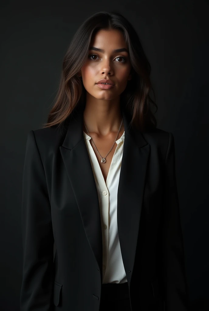 Dark screen on the face of a beautiful and very scared young woman, 21 years old, cabelos longos crisps, chic, very beautiful, Forex Trader, Test, highly detailed and highly realistic deep colors, brown skin, extremely high detailed skin, Beautiful, women's black blazer, Businesswoman, long white blouse inside the blazer, transgender girl, transgender in gender transition, darkskin, cabelo crisp, type 4b hair, crisp, Brunetette, black,