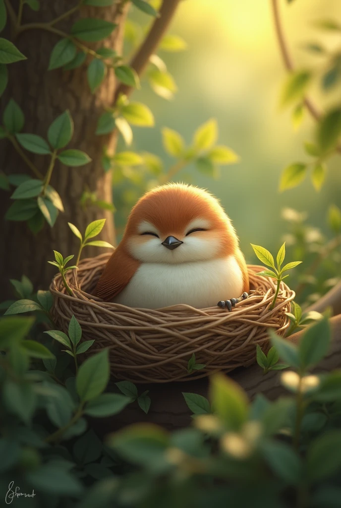 Generate an image of a 'Sleepy Sparrow.' The scene should feature a sparrow resting or dozing in a cozy, natural environment. Emphasize the sparrow's relaxed, sleepy demeanor, capturing the gentle and calm essence of the bird. Include soft, warm colors and details that highlight the serenity of the moment."