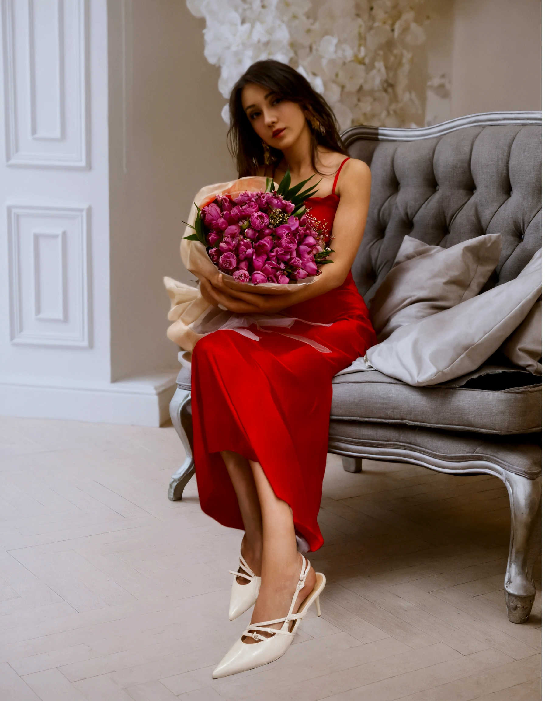 The girl is sitting on the sofa, Girl in a red dress, Girl with flowers, beautiful girl