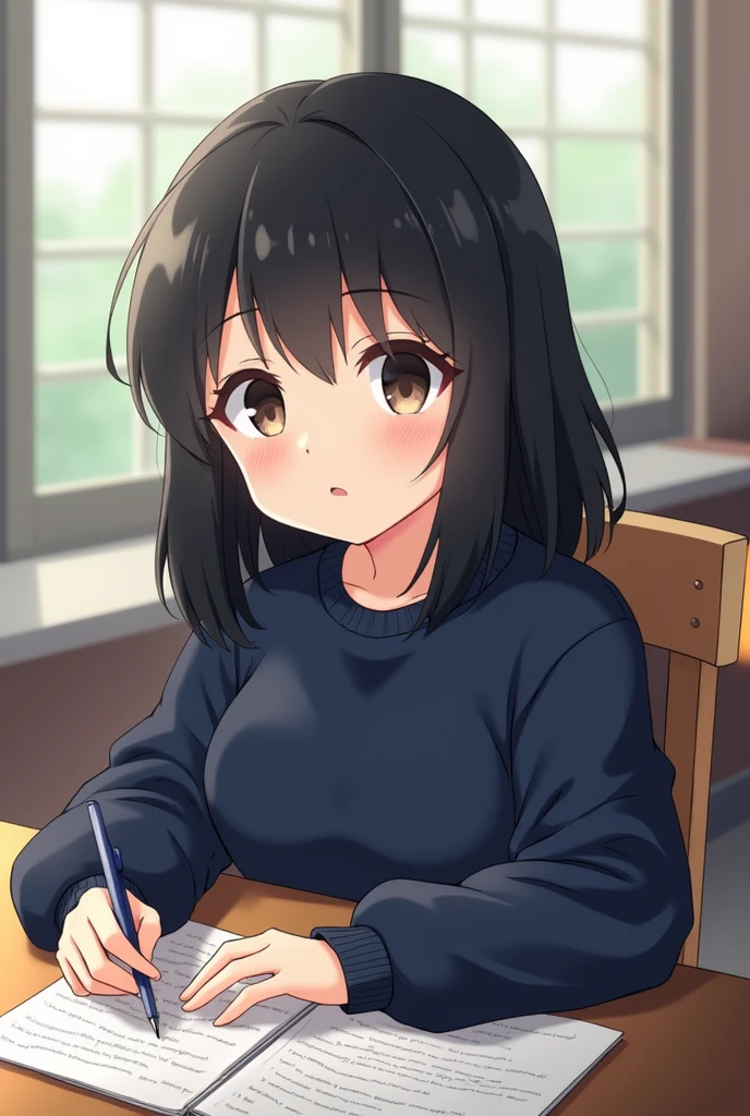 Can you imagine ANIME style a girl with shoulder-length black hair, a little chubby, wearing navy blue sweatshirts sitting at her desk writing?