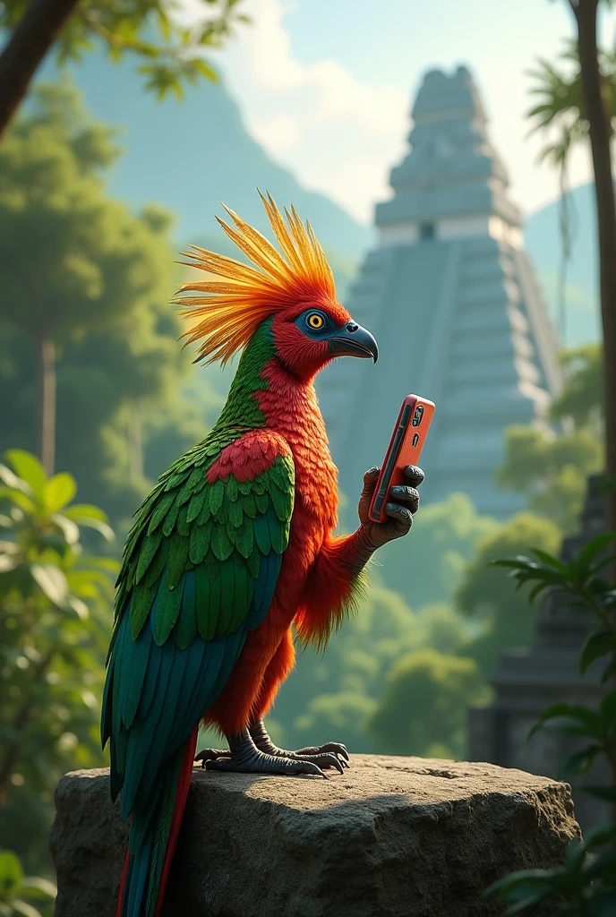 A quetzal using his cell phone with tikal as an animated background